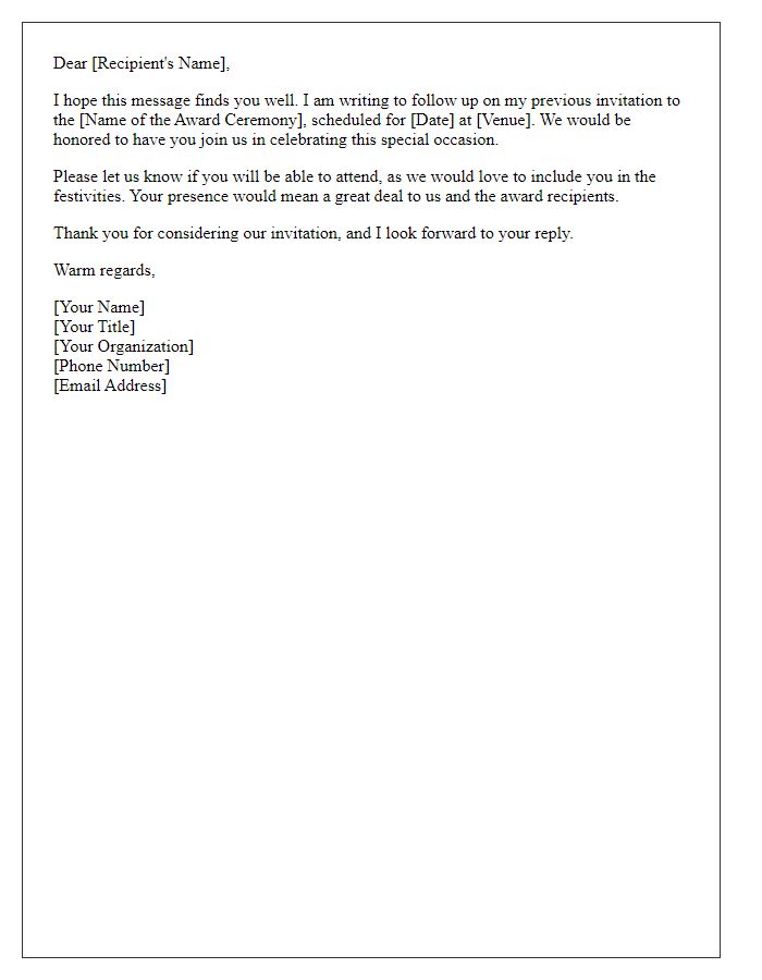 Letter template of follow-up for award ceremony invitation