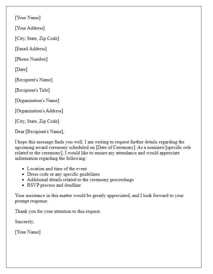 Letter template of request for details regarding award ceremony attendance