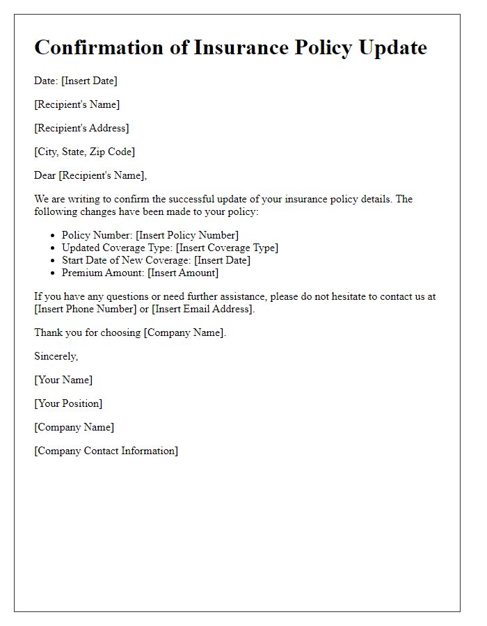 Letter template of confirmation for updating insurance policy details.