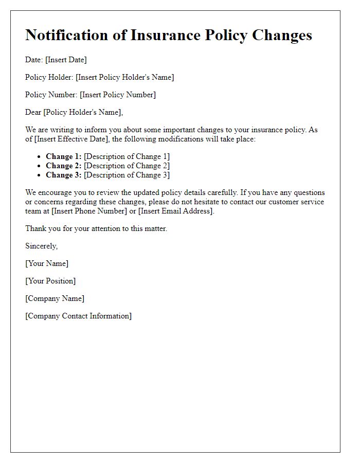 Letter template of notification for insurance policy changes.