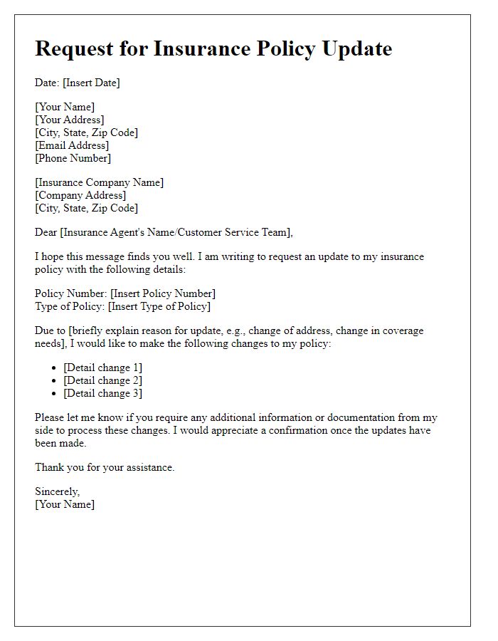 Letter template of request for insurance policy update.