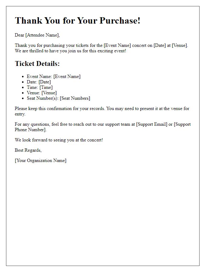 Letter template of event ticket purchase confirmation for concert attendees