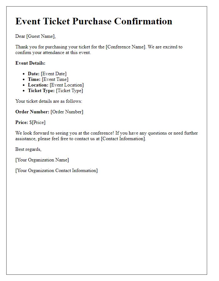 Letter template of event ticket purchase confirmation for conference guests