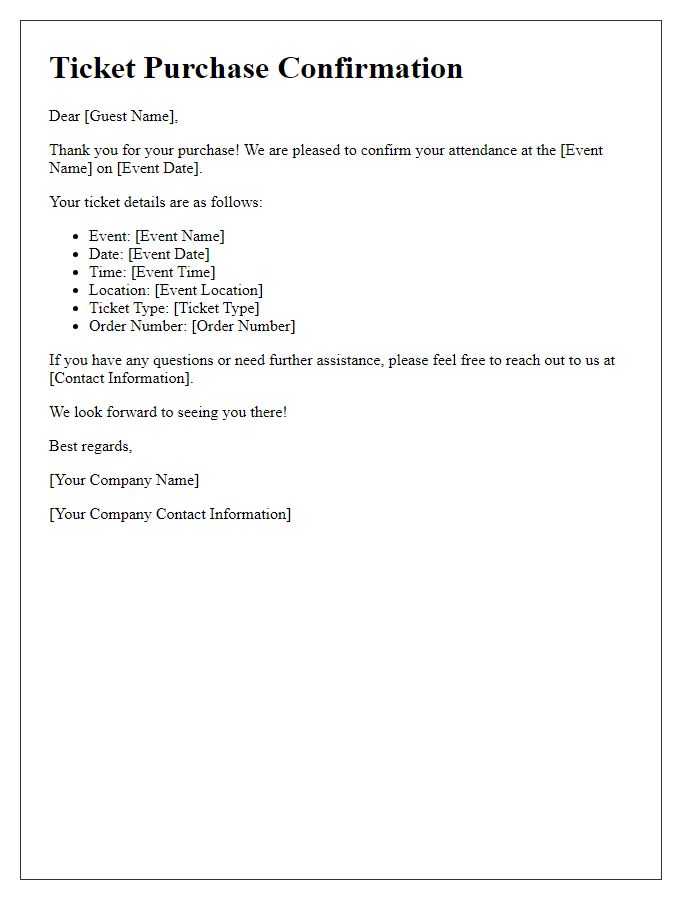 Letter template of event ticket purchase confirmation for corporate event guests