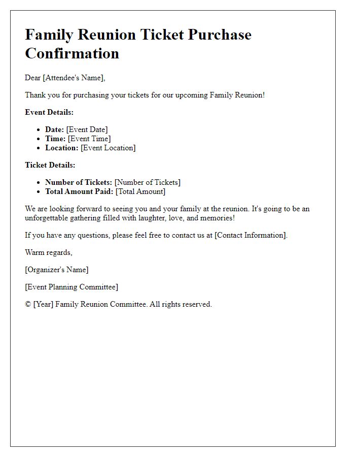 Letter template of event ticket purchase confirmation for family reunion attendees