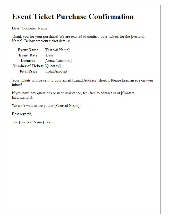 Letter template of event ticket purchase confirmation for festival goers