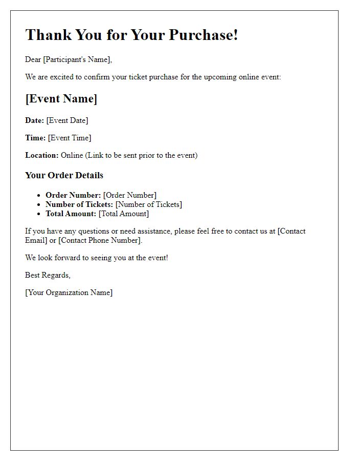 Letter template of event ticket purchase confirmation for online event participants