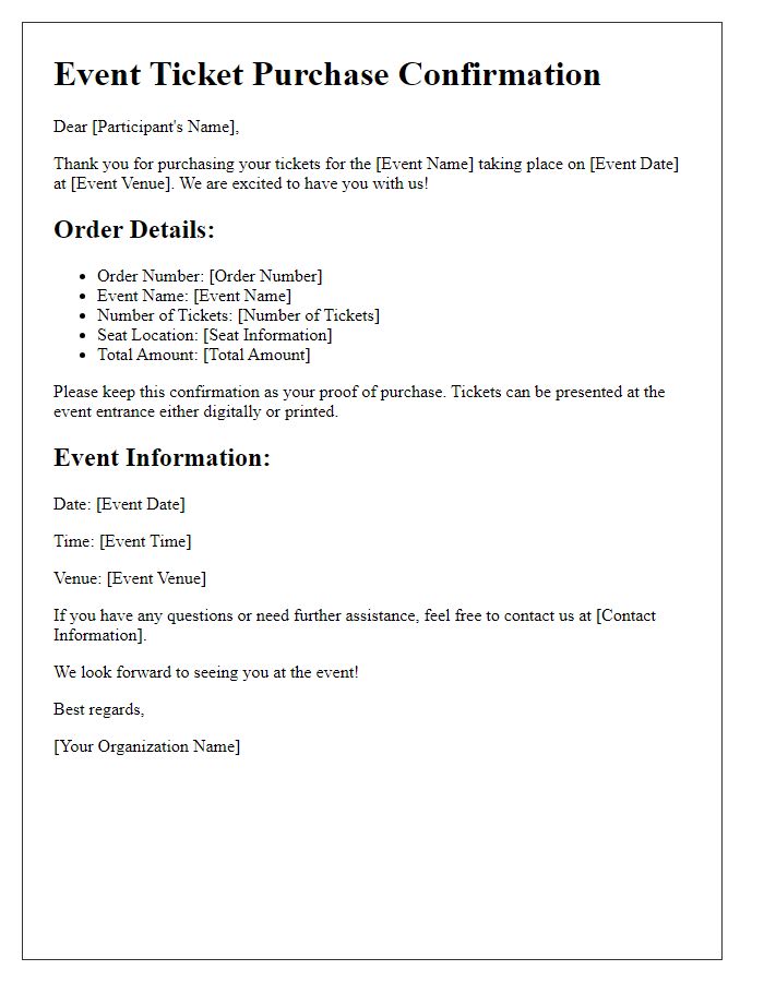 Letter template of event ticket purchase confirmation for sports event participants