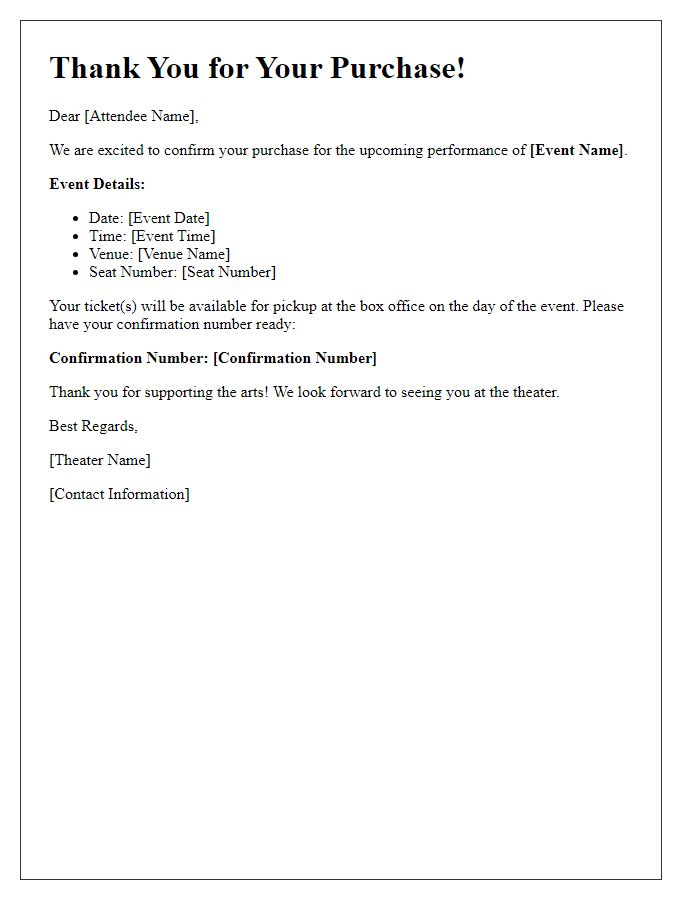 Letter template of event ticket purchase confirmation for theater attendees