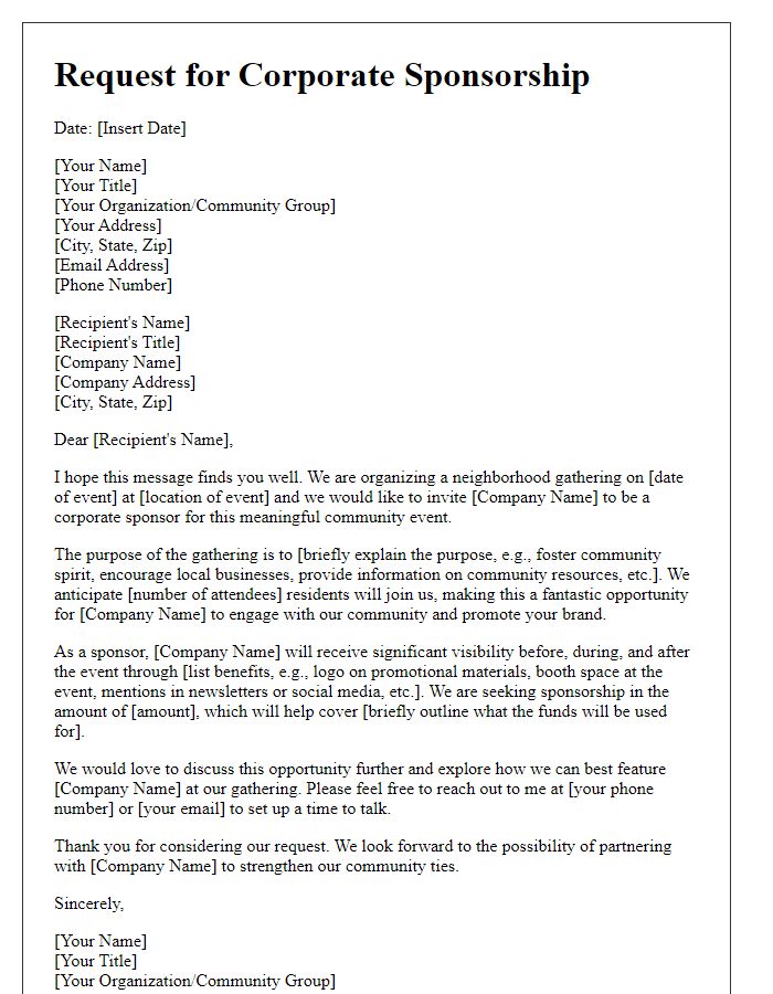 Letter template of corporate sponsorship request for neighborhood gathering