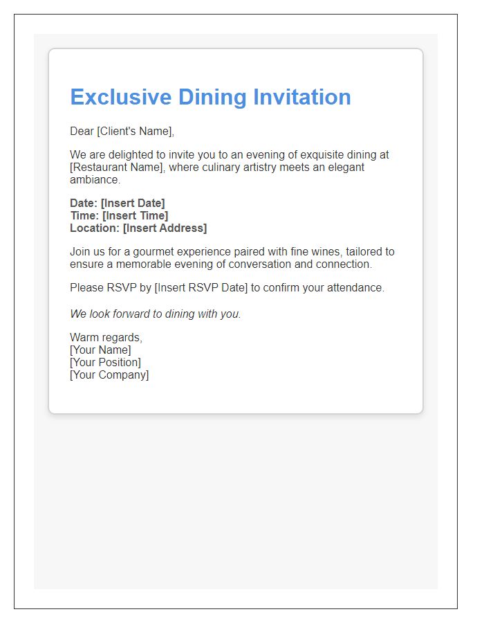 Letter template of luxurious dining invitation for corporate clients.