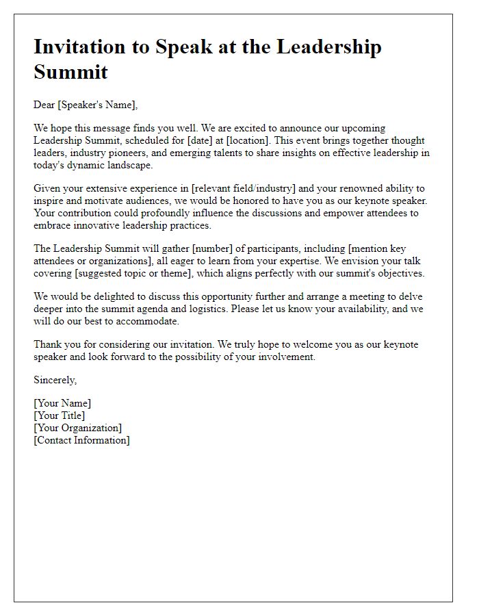 Letter template of keynote speaker appeal for a leadership summit