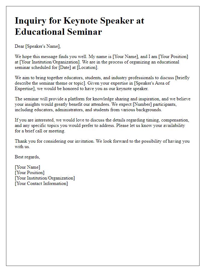 Letter template of keynote speaker inquiry for an educational seminar