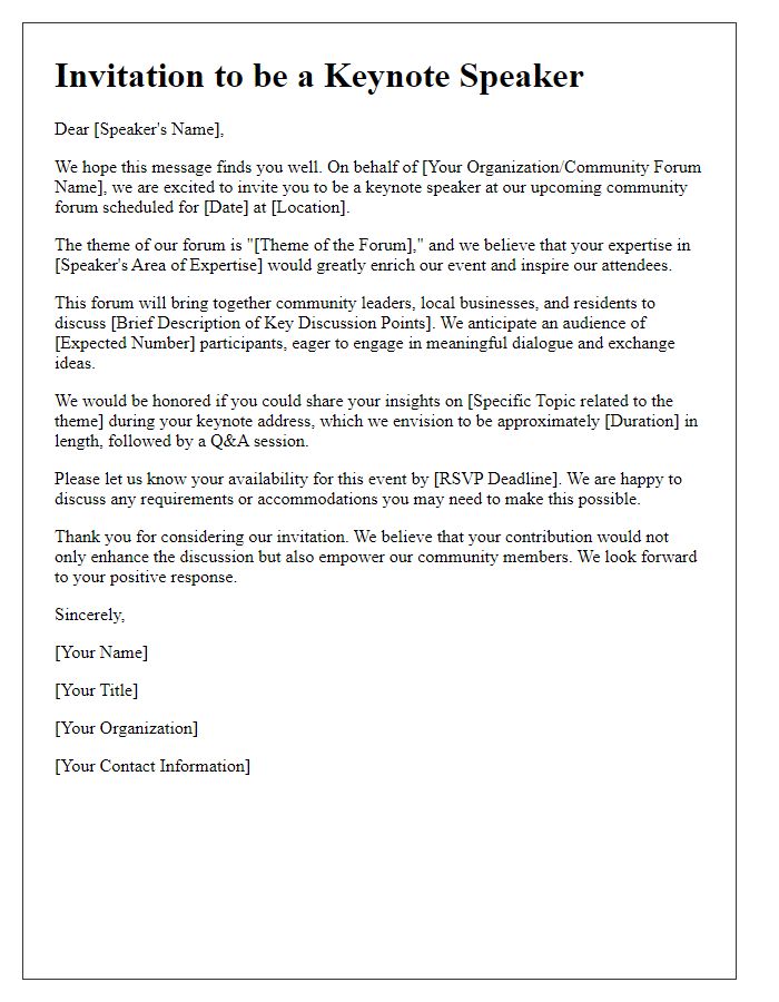 Letter template of keynote speaker outreach for a community forum