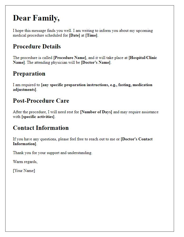 Letter template of informing family about upcoming medical procedure details