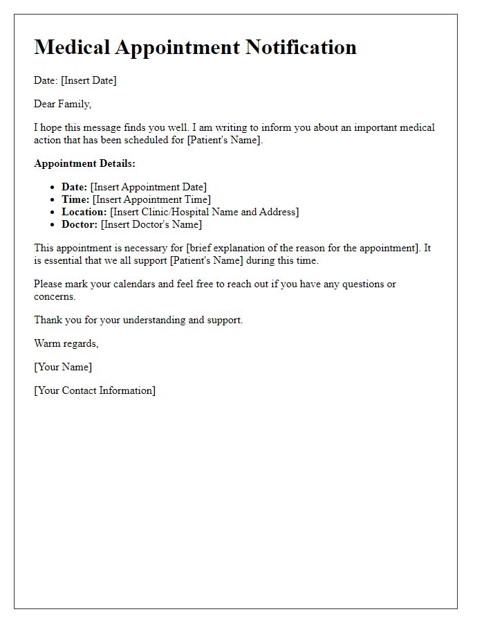 Letter template of scheduling and notifying family about medical action