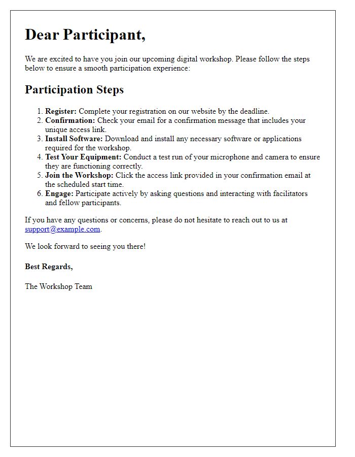 Letter template of digital workshop participation steps