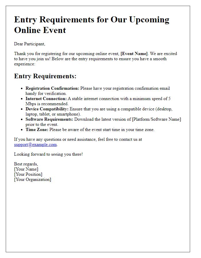 Letter template of online event entry requirements