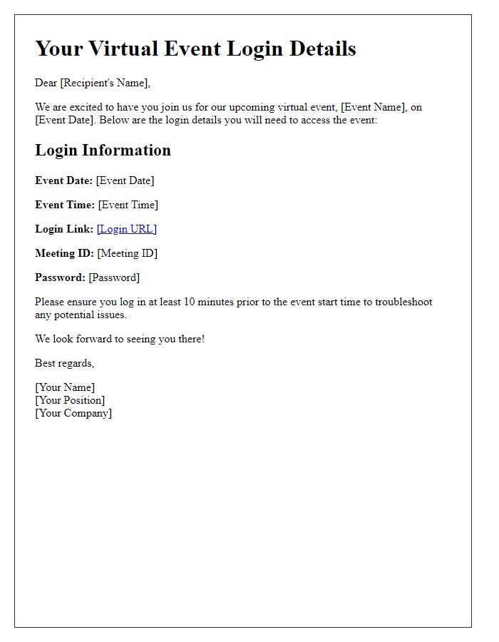 Letter template of virtual event login details