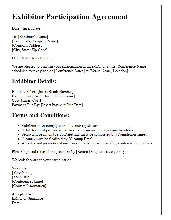 Letter template of exhibitor participation agreement for educational conference