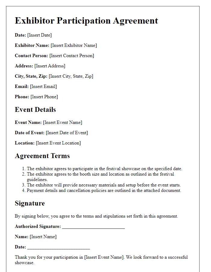 Letter template of exhibitor participation agreement for festival showcase