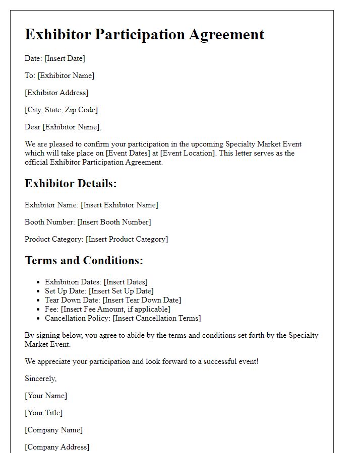 Letter template of exhibitor participation agreement for specialty market event