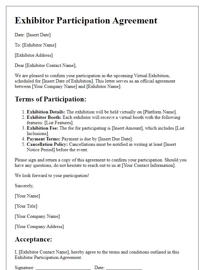 Letter template of exhibitor participation agreement for virtual exhibition