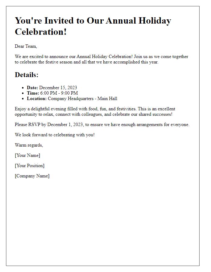 Letter template of annual holiday celebration invite for personnel.