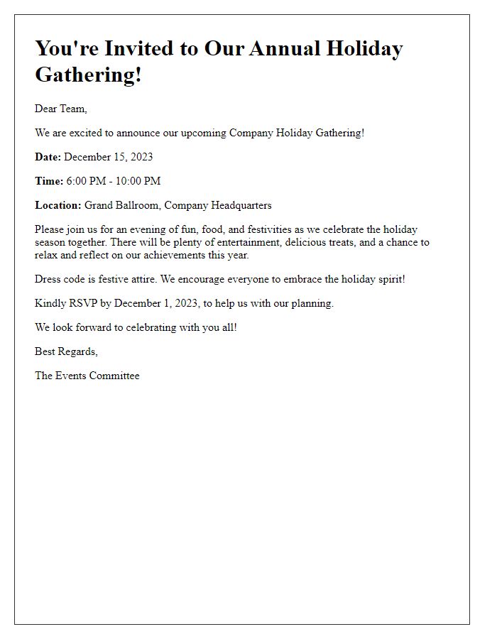 Letter template of company holiday gathering announcement for staff.