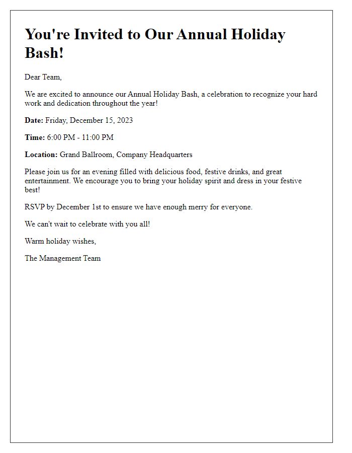 Letter template of corporate holiday bash announcement for employees.