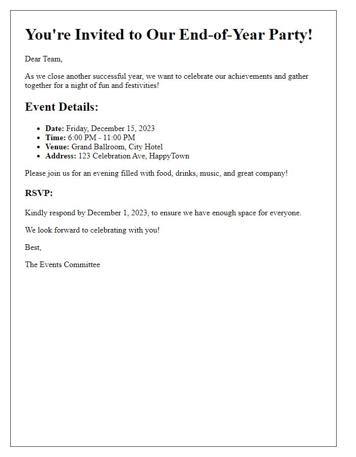 Letter template of end-of-year party details for employees.