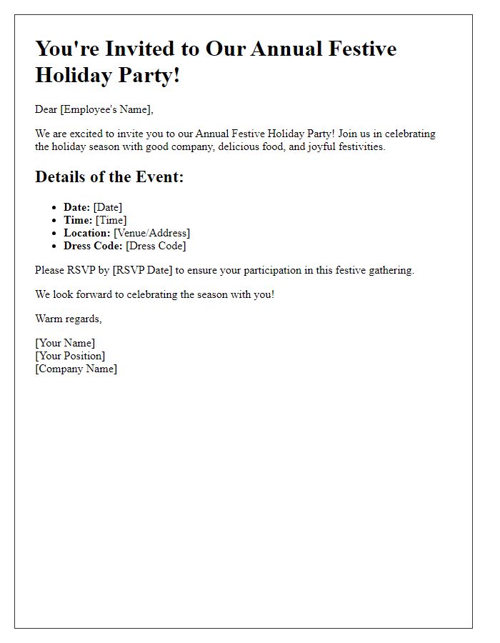 Letter template of festive holiday party invitation for employees.