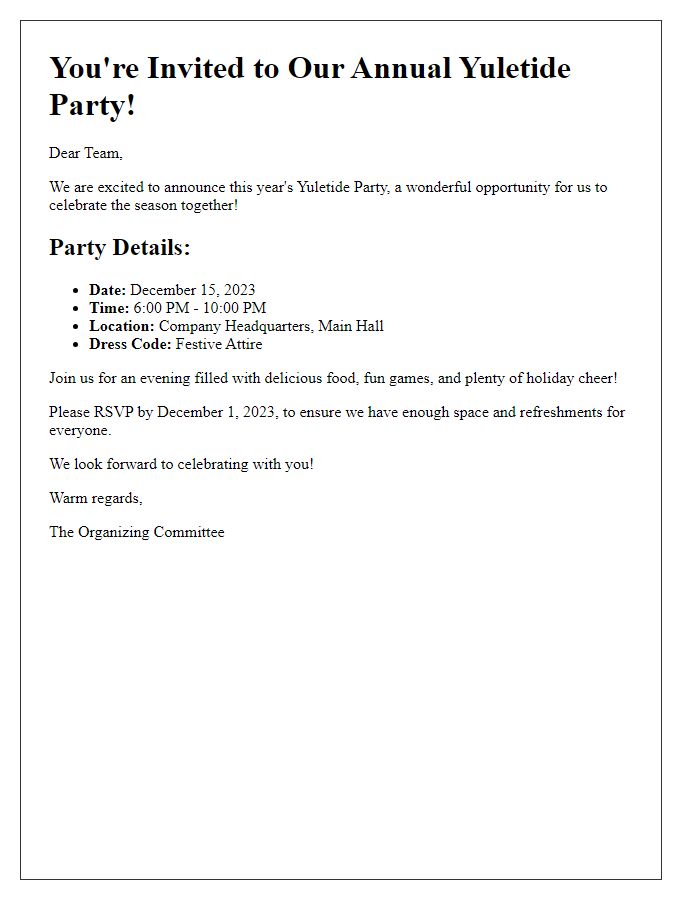 Letter template of yuletide party details for organizational staff.