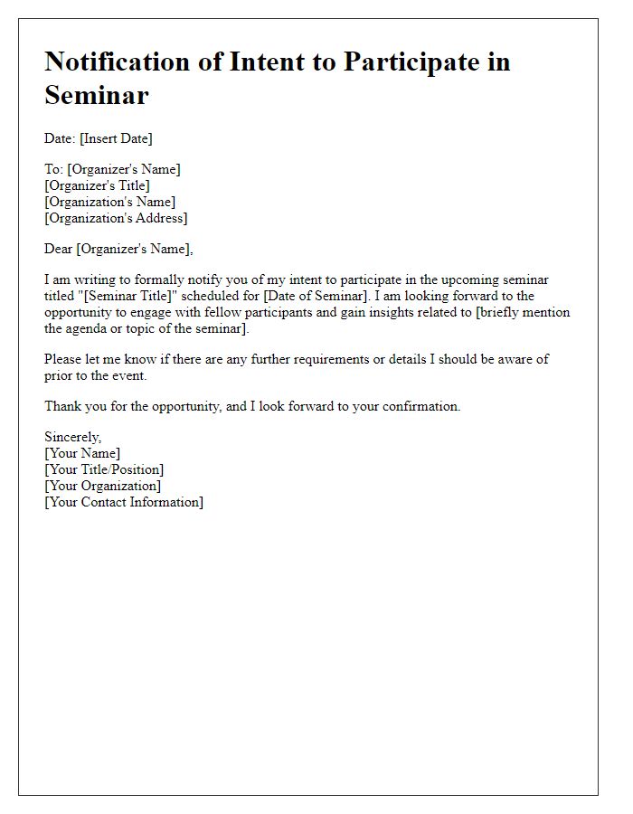 Letter template of notification of intent to participate in a seminar