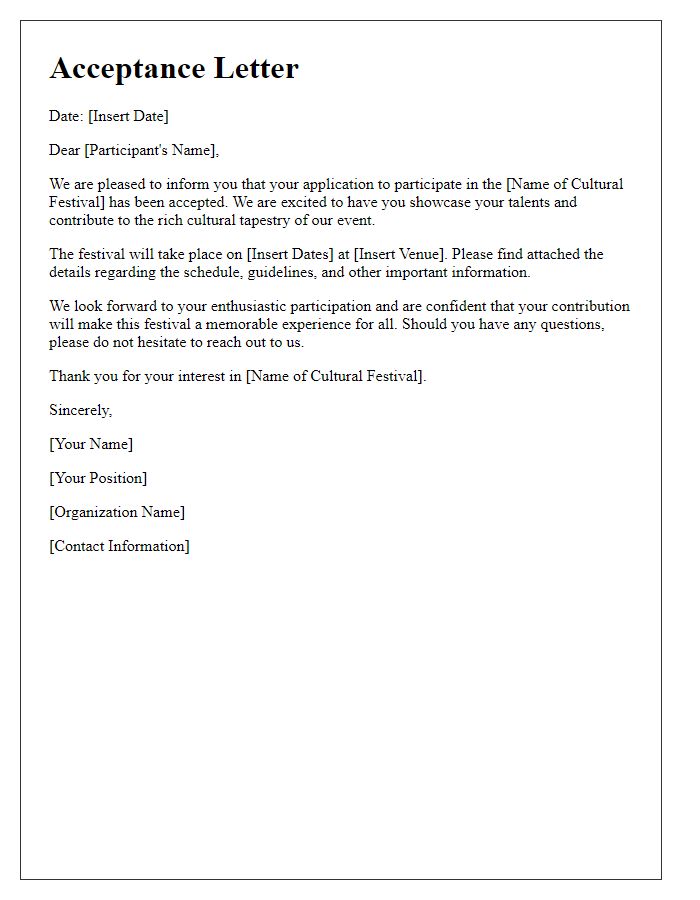 Letter template of acceptance for cultural festival participation