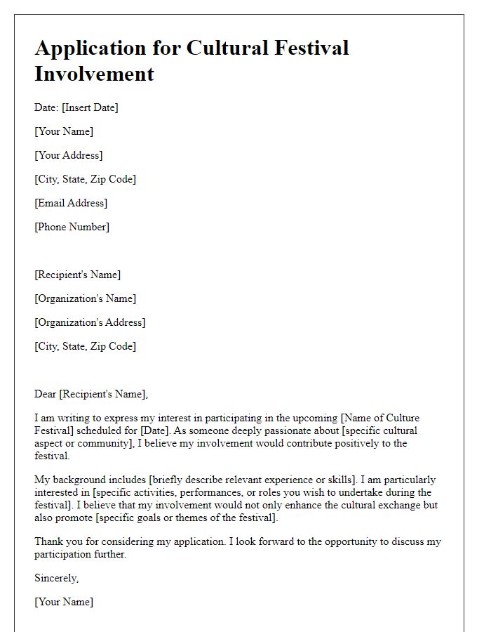 Letter template of application for cultural festival involvement