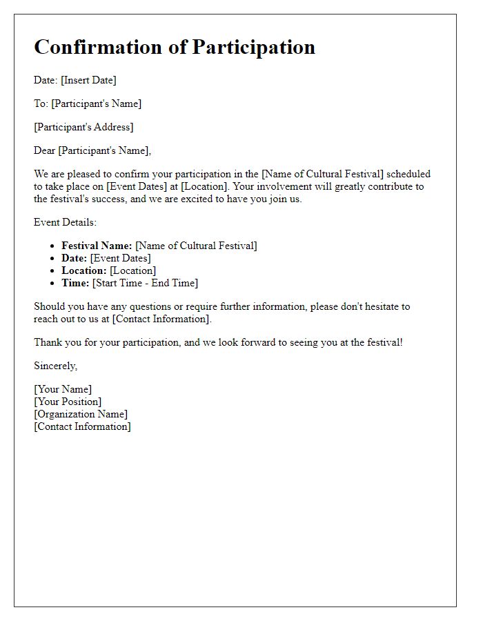 Letter template of confirmation of participation in cultural festival