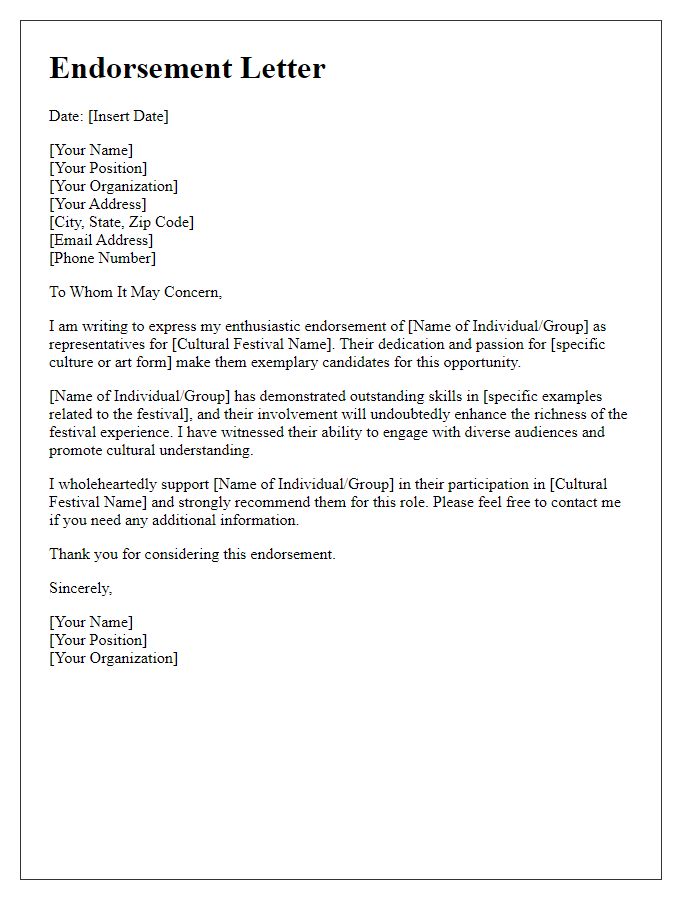 Letter template of endorsement for cultural festival representation