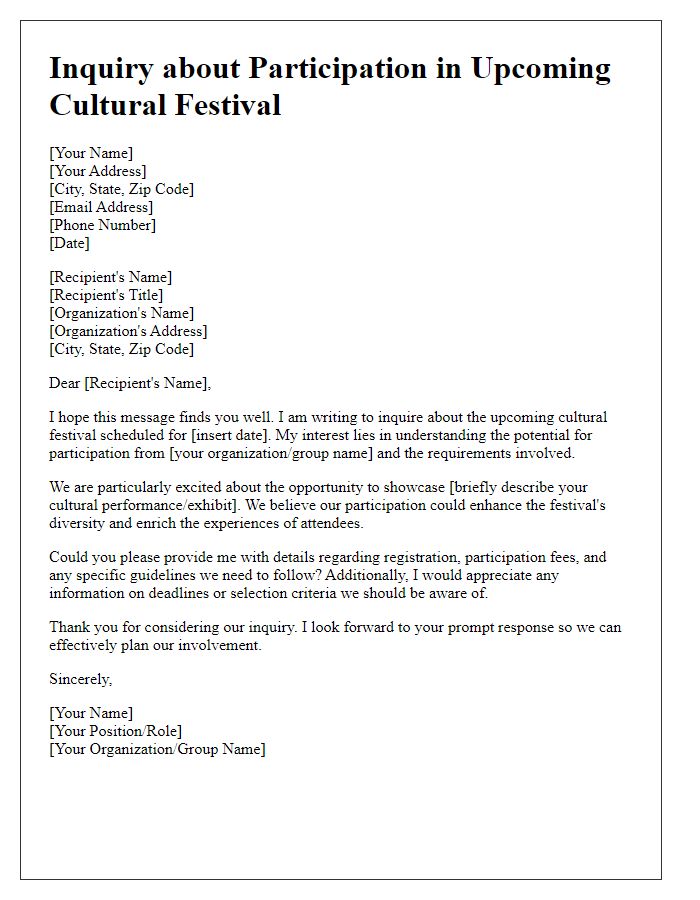 Letter template of inquiry regarding cultural festival participation