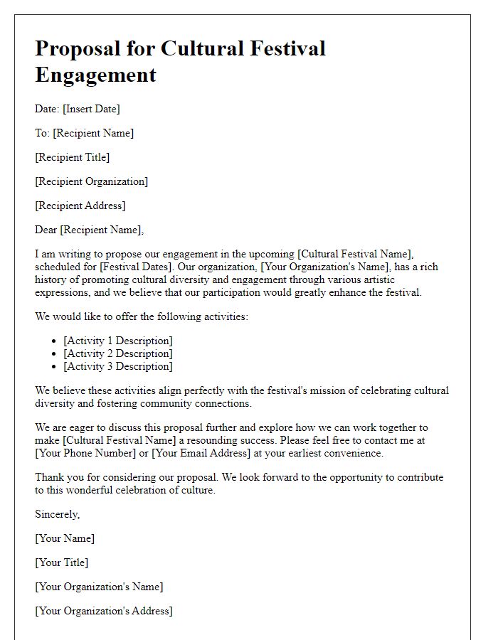 Letter template of proposal for cultural festival engagement