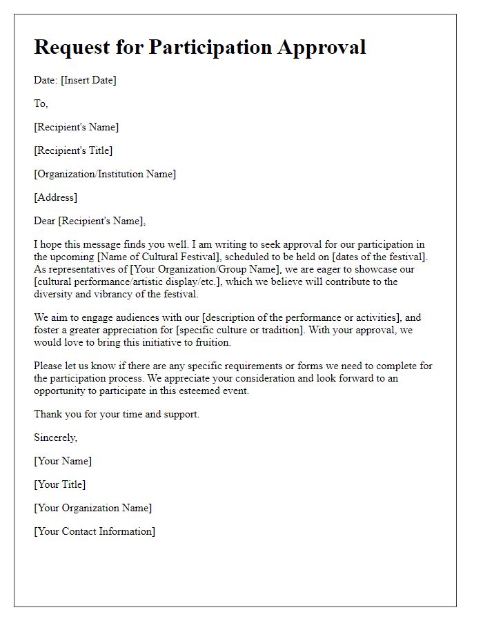 Letter template of request for cultural festival participation approval