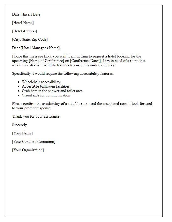 Letter template of conference hotel booking request for accessibility features.