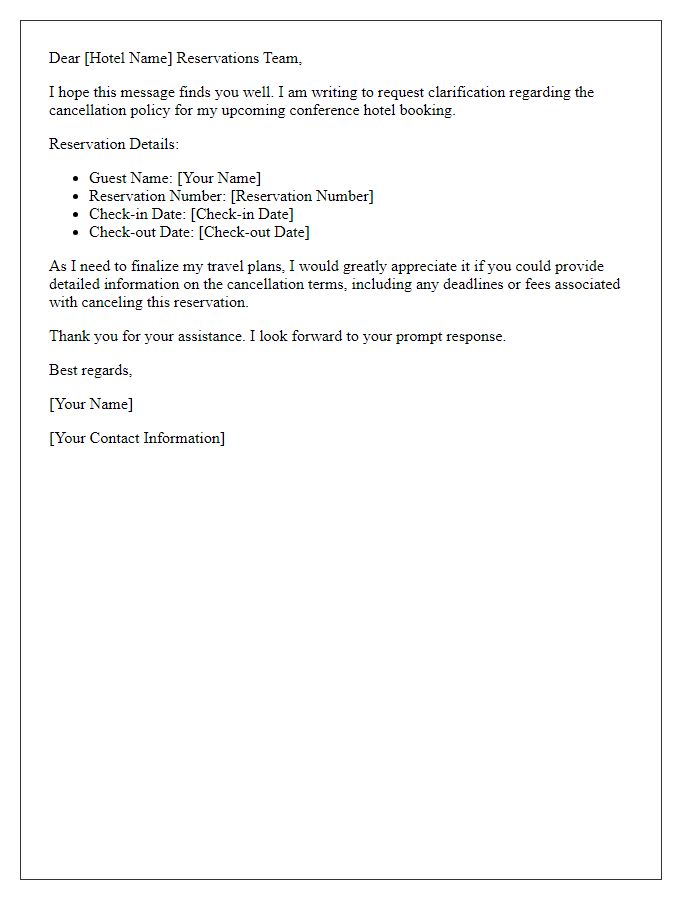 Letter template of conference hotel booking request for cancellation policy clarification.