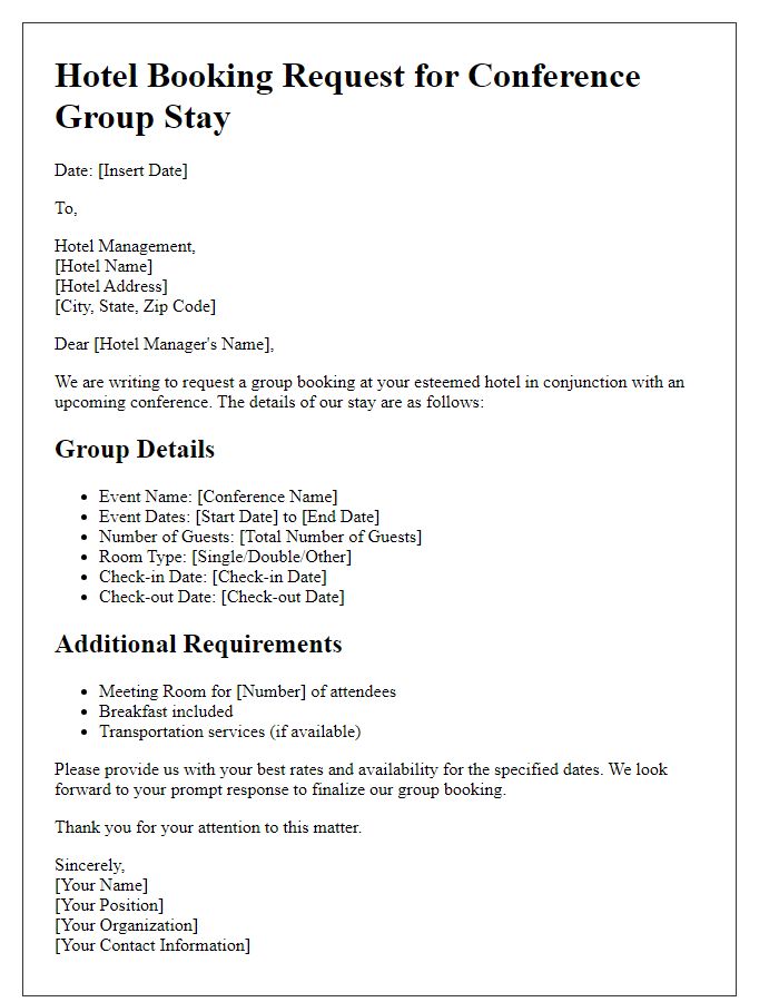 Letter template of conference hotel booking request for group stay.