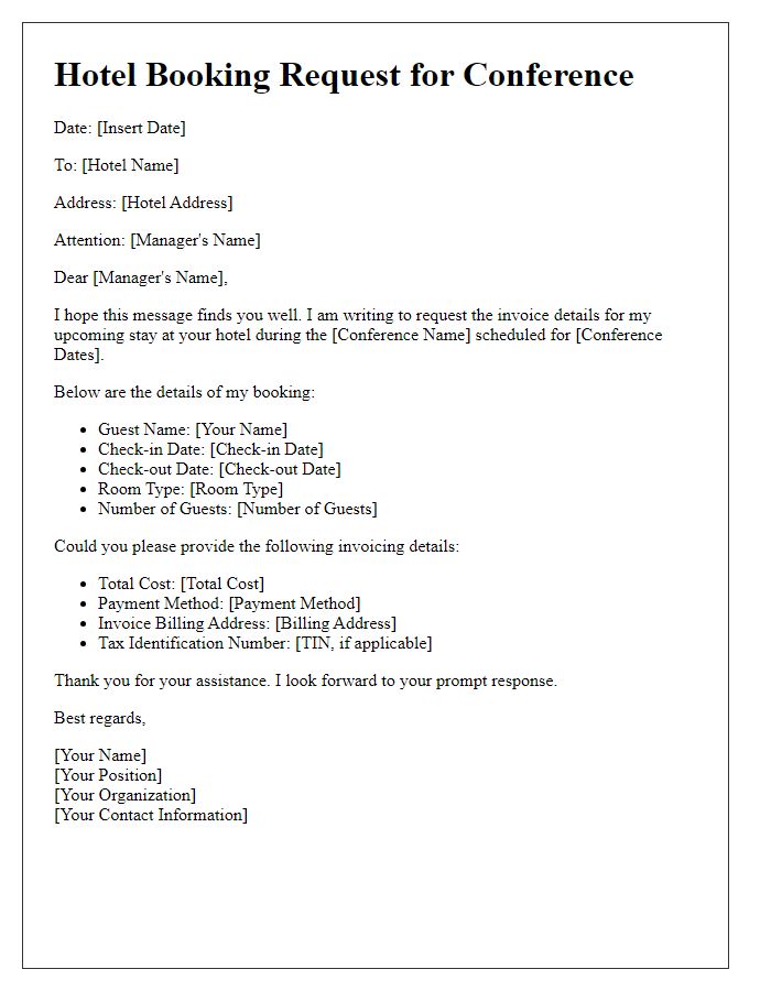 Letter template of conference hotel booking request for invoicing details.