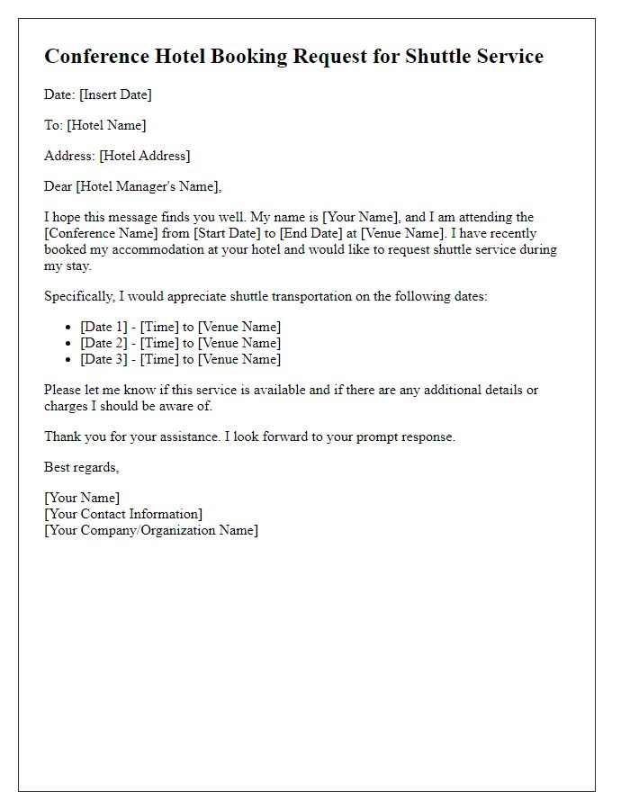 Letter template of conference hotel booking request for shuttle service.