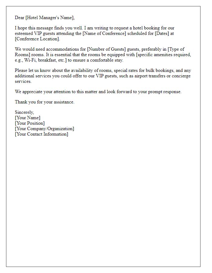 Letter template of conference hotel booking request for VIP guests.