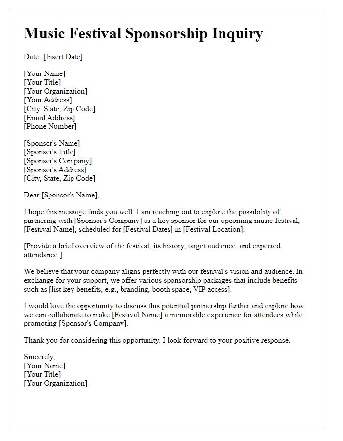 Letter template of music festival sponsorship inquiry