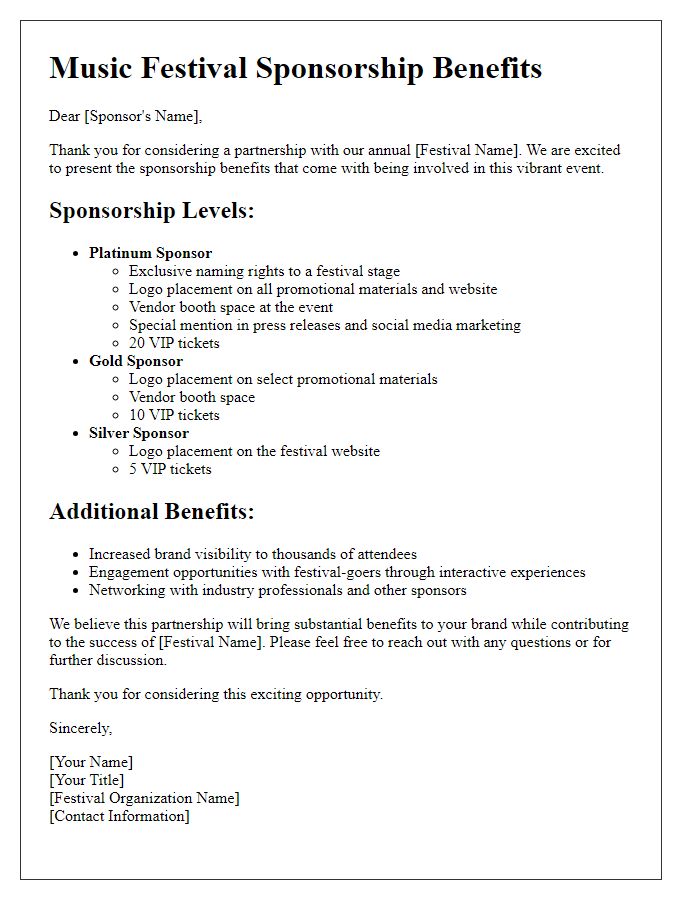 Letter template of sponsorship benefits outline for music festival