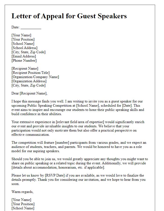 Letter template of appeal for guest speakers in a school public speaking competition